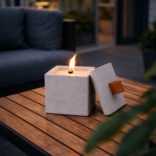 BLOQ -Outdoor Feuer aus Beton. Einfach Wachs nachfüllen.